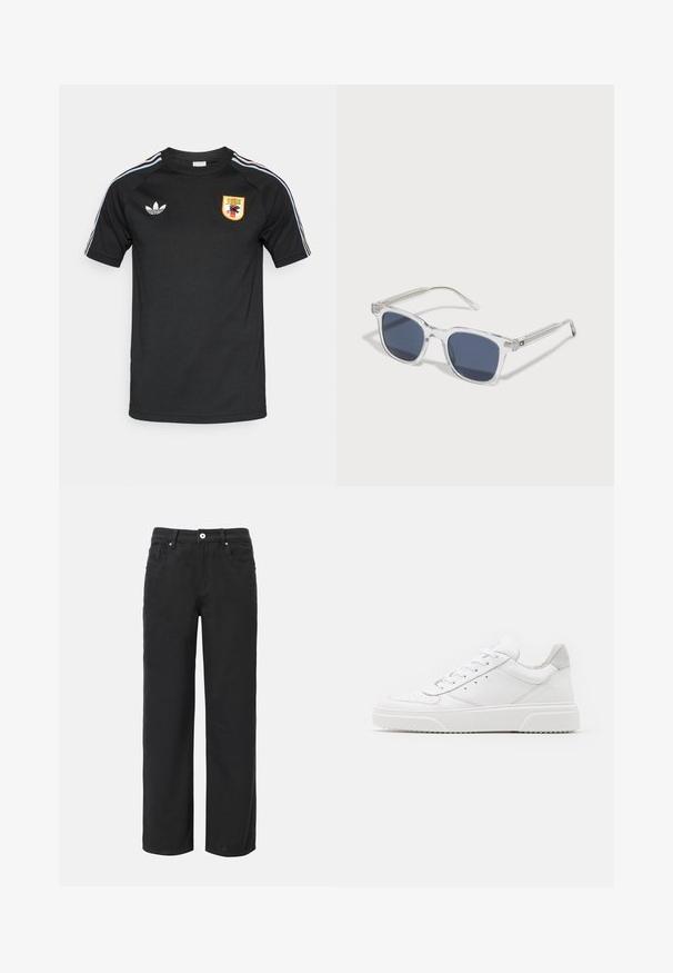 Μαύρο κοντομάνικο t-shirt από μαλακό ύφασμα. Διαθέτει τρεις λευκές και παστέλ ρίγες στους ώμους και κεντημένο λογότυπο στο στήθος.; Μαύροι παντελόνια με φαρδιά πόδια από βαμβάκι, με τέσσερις τσέπες, μπροστινό κλείσιμο με κουμπί και κλασικό σχέδιο τζιν. Λείος υφασμάτινος σχεδιασμός, χωρίς ορατά σχέδια.; Λευκά δερμάτινα αθλητικά παπούτσια με απλή επιφάνεια, στρογγυλή μύτη, επίπεδα κορδόνια και ανάγλυφη σόλα. Γκρι σουέτ λεπτομέρεια στη φτέρνα.; Διαφανή πλαστικά γυαλιά ηλίου με σκούρο μπλε φακούς, ορθογώνιο σχήμα, διακοσμητικές ασημένιες λεπτομέρειες στα μπράτσα και υφασμάτινο σχέδιο στους κροτάφους.
