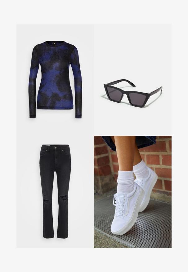 Pikkade varrukatega topp sinise ja musta abstraktse mustriga, valmistatud pehmest kangast, omab ümarat lõika ja keha lähedast kujundust.; GAP CHEEKY RIVERA ZIP - Sirgete säärtega teksad - worn black; Valged kanvas tennisikud kummitaldadega, kuue silmaga, ümmarguse varbaga ja kergete tikandite detailidega, koos valgete pahkluusokkidega.; Mustad mustrakellad, millel on hallid šabloonid; valmistatud plastist, paksude ja siledate kätega, ilma nähtava riistvarata.