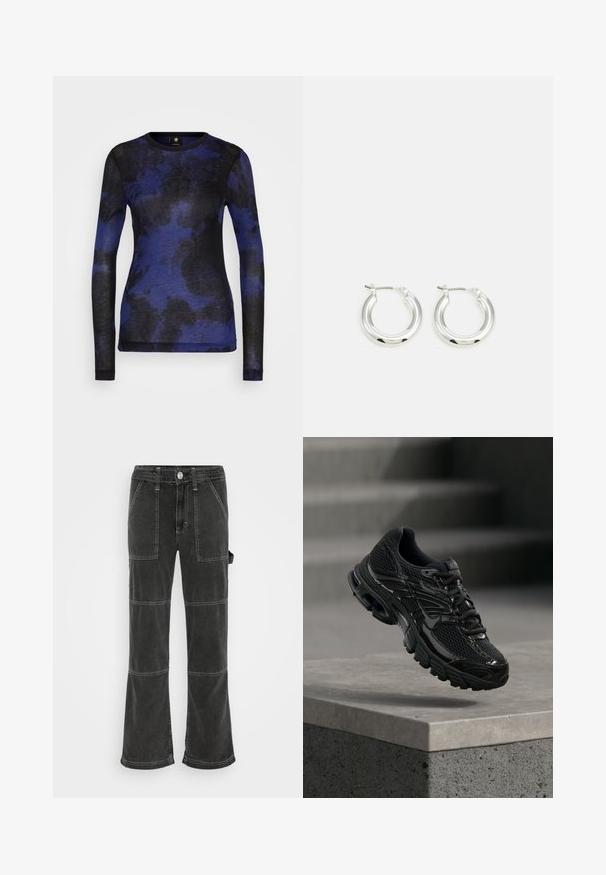 Pikkade varrukatega topp sinise ja musta abstraktse mustriga, valmistatud pehmest kangast, omab ümarat lõika ja keha lähedast kujundust.; BDG Urban Outfitters UTILITY SKATE - Avar lõikega teksad - washed black; Must Nike jooksujalatsite võrkkangas ja sünteetilise pealiskihiga, hõljub betoonpinna ja tähtede kohal taustal.; Hõbedased rõngaskõrvarõngad poleeritud viimistlusega, ringikujulise kujuga ja hingedega kinnitusega. Sile tekstuur minimaalsete detailidega.
