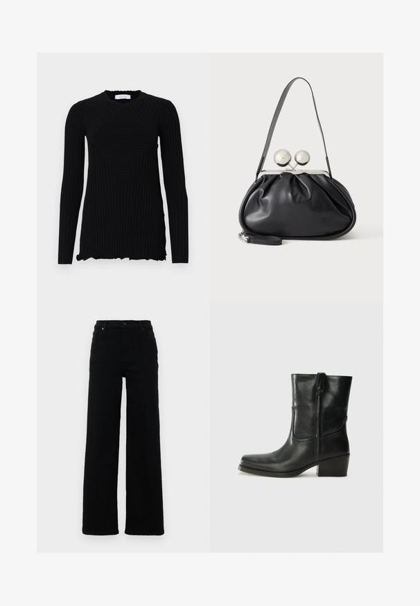 Rabanne Langærmet T-shirt - black; Sorte højtaljede jeans med lige ben-design, lavet af denim. Funktioner inkluderer bæltesløjfer, forlommer og en knapdetalje.; Sort læder ankelstøvle med rundt tå, blokhæl, lynlås i siden og stikninger på vampsiden. Glat tekstur, klassisk design.; Sort læderhåndtaske med opsamlet design, en enkelt rem, sølv metalramme og to store runde sølv lukninger.
