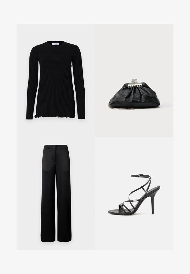 Rabanne Camiseta de manga larga - black; Pantalones negros de pierna ancha con una superficie texturada, que cuentan con una cintura plana y dos bolsillos laterales. La tela parece ligera y fluida.; Sándalo negro de tacón alto con tiras finas, hebilla en el tobillo, superficie de cuero suave y tacón de aguja esbelto.; Bolso de mano de cuero negro con diseño fruncido, cierre de herrajes plateados y correa de cadena. Marca sutil grabada en relieve en la parte delantera.