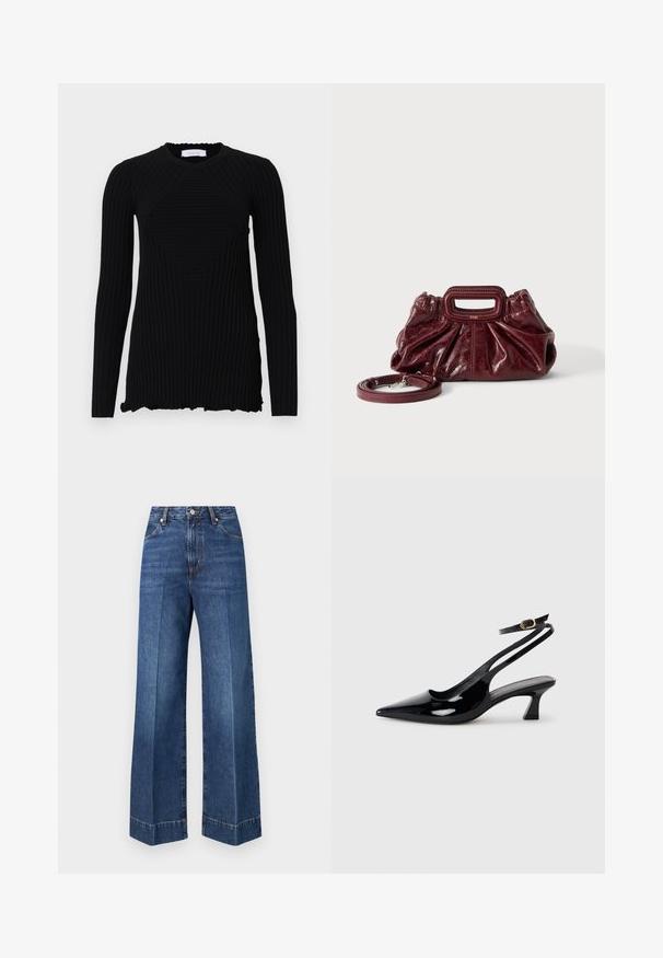 Rabanne Langærmet T-shirt - black; Blå højtaljede vidde jeans i denim med frontlommer, knaplukning og synlige syningsdetaljer på en ensfarvet hvid baggrund.; Sorte patenterede læderslingbacks med spidse tæer, lav blokhælt og justerbar ankelrem med guldspænde.; Lille mørkerød læderhåndtaske med opsamlet struktur, rektangulært håndudskåret håndtag og aftagelig skulderrem på hvid baggrund.