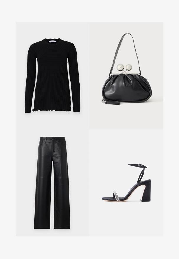 Rabanne Langarmshirt - black; Weite schwarze Lederhosen mit glatter Textur, ausgestattet mit Fronttaschen, einem Knopfverschluss und dezenten Steppnähten.; Schwarze High-Heel-Sandale mit Knöchelriemen und funkelndem Strassriemen am Zehenbereich auf weißem Hintergrund.; Schwarze Ledertasche mit gerafftem Design, einem einzelnen Riemen, silbernem Metallrahmen und zwei großen runden silbernen Verschlüssen.