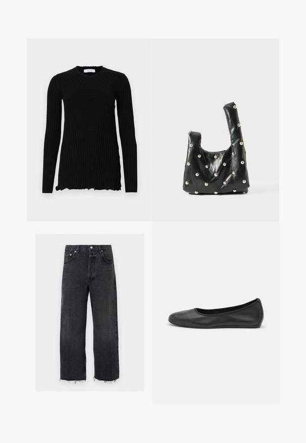 Rabanne Top s dlhým rukávom - black; Čierne džínsy s vysokým pásom, širokými nohavicami, neupraveným lemom, predným gombíkom, zipsom a dizajnom s piatimi vreckami.; Čierne kožené baleríny s okrúhlou špičkou, hladkým povrchom, minimálnym prešívaním a flexibilným dizajnom podrážky.; Čierna kožená taška s jemnou textúrou, vybavená zaoblenými vrchnými uchami a kovovými perlovými akcentmi na povrchu. Kompaktne tvarovaná a štruktúrovaná.