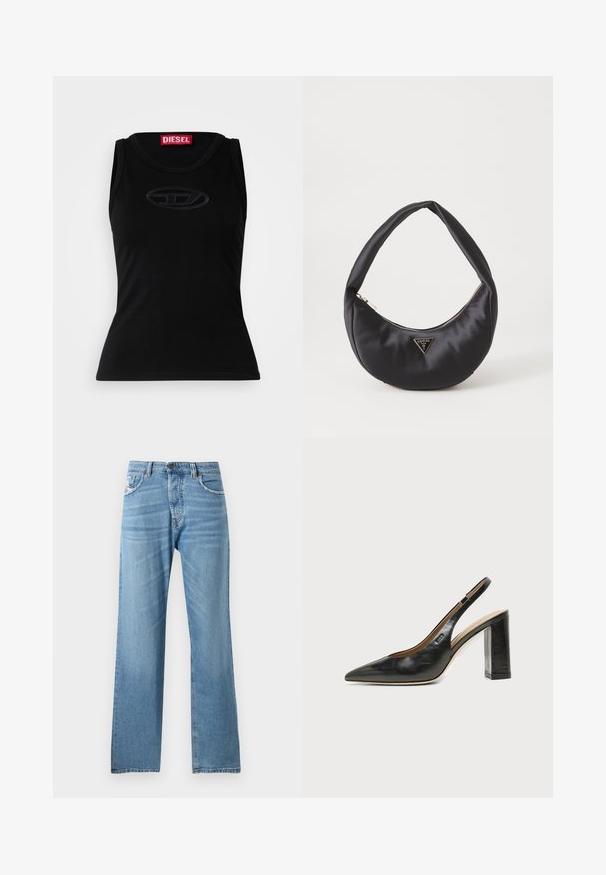 Débardeur sans manches noir en coton doux, avec un logo en relief subtil au centre et une étiquette de marque rouge dans le col.; Jeans en denim bleu clair avec une coupe droite, dotés d'une taille standard, de cinq poches et d'un léger dégradé sur le tissu.; Chaussure slingback en cuir noir à bout pointu avec un talon bloc haut et une doublure intérieure beige sur un fond clair uni.; Sac à main en satin noir avec une forme courbée, doté d'une fermeture à glissière et d'un logo triangulaire en métal à l'avant. Texture lisse et design épuré.