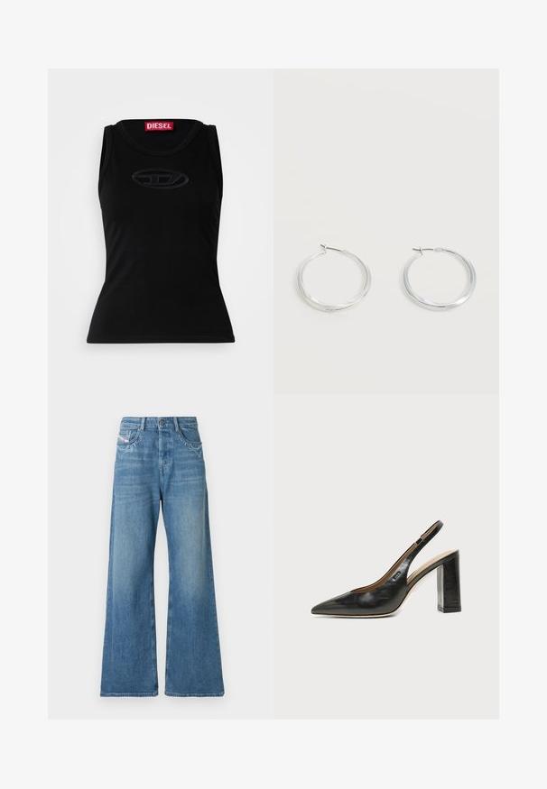Débardeur sans manches noir en coton doux, avec un logo en relief subtil au centre et une étiquette de marque rouge dans le col.; Jean denim à jambes larges de couleur bleu clair avec des ornements sur les poches avant. Caractérisé par une taille haute et une texture lisse.; Chaussure slingback en cuir noir à bout pointu avec un talon bloc haut et une doublure intérieure beige sur un fond clair uni.; Boucles d’oreilles créoles en métal argenté avec une surface lisse légèrement incurvée et des fermoirs à clapet sur un fond blanc uni.