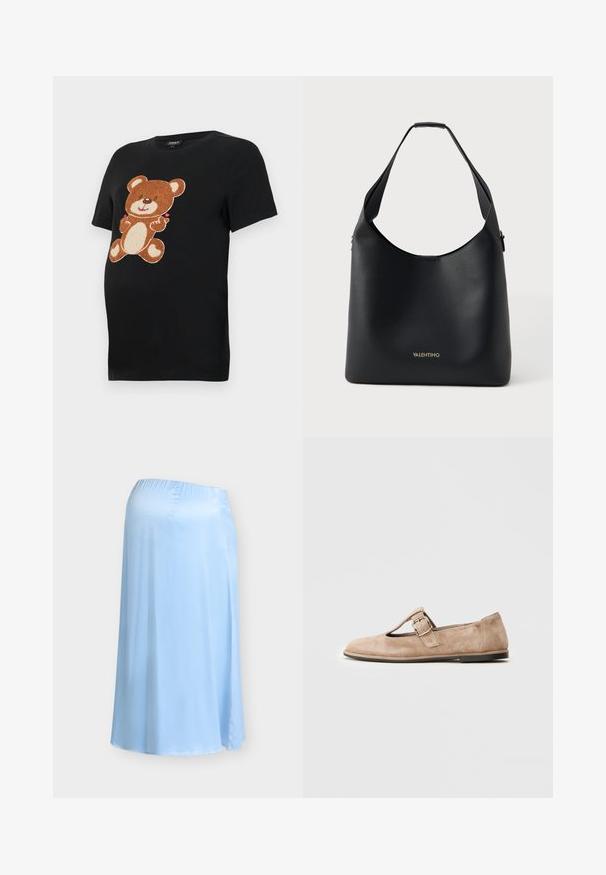 Zwart zwangerschaps T-shirt met een grote, textuurrijke bruine teddybeerprint op de voorkant. Korte mouwen en een ontspannen pasvorm.; Lichtblauwe, vloeiende zwangerschapsrok met elastische tailleband, ontworpen voor comfort en rekbaarheid tijdens de zwangerschap.; Beige suède platte schoen met een T-band ontwerp, gouden gesp accent, ronde neus en een lage profielzool. Soepele textuur met minimale versieringen.; Zwarte leren schoudertas met een gladde textuur, brede opening en gouden "Valentino" logo aan de onderkant. Gebogen handvat voor gemakkelijk dragen.