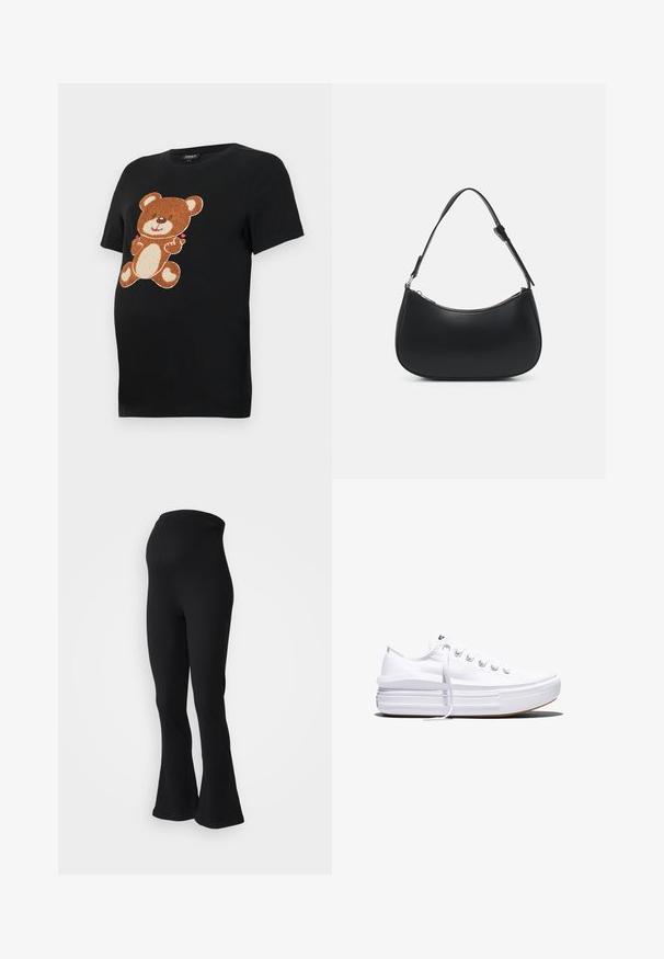 Zwart zwangerschaps T-shirt met een grote, textuurrijke bruine teddybeerprint op de voorkant. Korte mouwen en een ontspannen pasvorm.; Zwarte geribde uitlopende broek met een hoge taille. De stof heeft een textuur, ontworpen voor een aangesloten silhouet.; Witte lage canvas sneaker met dikke plateauzool, veters aan de voorkant en rubberen toeskap met structuur, zijaanzicht.; Pieces PCALUANA SHOULDER BAG - Handtas - black