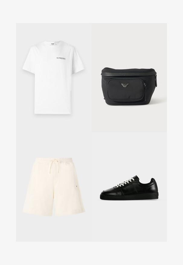 T-shirt en coton blanc avec un col rond, présentant un petit texte graphique noir "LA VEDDITA" sur la partie gauche de la poitrine.; Shorts couleur crème en tissu doux, dotés d'une taille élastique avec cordon de serrage, de poches latérales et d'une coupe décontractée.; Baskets basses en cuir noir avec lacets blancs, semelle plate noire et détails subtils de couture, visibles de profil sur un fond gris.; Sac banane noir avec poche avant zippée et logo aigle argenté, tissu lisse avec bordure texturée et tirettes de fermeture éclair.