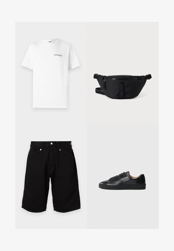 T-shirt en coton blanc avec un col rond, présentant un petit texte graphique noir "LA VEDDITA" sur la partie gauche de la poitrine.; Shorts en denim noir au design classique, dotés de poches avant et de quincaillerie en métal. Le tissu a une texture lisse et robuste.; Baskets en cuir noir avec une texture lisse, bout rond et fermeture à lacets. Comprend une semelle en caoutchouc épaisse et un minimum de détails de marque.; Sac banane noir Moschino avec fermeture éclair frontale et sangle ajustable sur un fond uni clair.
