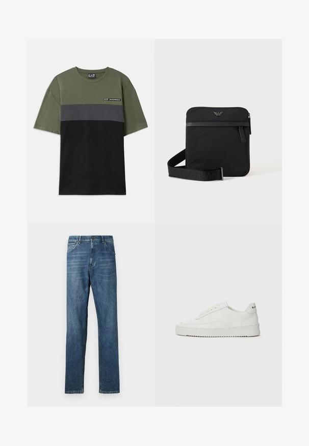 Grøn kortærmet T-shirt med grå og sorte vandrette striber, rund hals, og lille EA7-logo på øverste venstre bryst.; Mørkeblå denim jeans med lige ben, fem-lomme design, synlig syning og en klassisk knaplukning. Let vaskeeffekt på stoffet.; Hvide lædersneakers med en glat overflade, rund tå, flade snørebånd og en tekstureret sål. Har et diskret logo på hælen.; Sort firkantet skuldertaske med lynlås, frontlomme og justerbar rem med præget brandnavn.