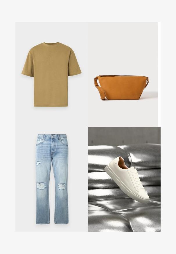 Khaki korte mouw t-shirt, gemaakt van zachte katoen, met een ronde halslijn en een relaxte pasvorm. Soepele textuur zonder zichtbare patronen of accenten.; Lichtblauwe denim jeans met versleten scheuren op beide knieën en een klein scheurtje op de bovenkant van de linker dij, klassieke vijf-pocketstijl.; Witte lage sneaker die boven een glanzend zilveren doorgestikte leren oppervlak zweeft.; Lichtbruine leren crossbodytas met verstelbare band en ritssluiting, getoond tegen een effen lichte achtergrond.