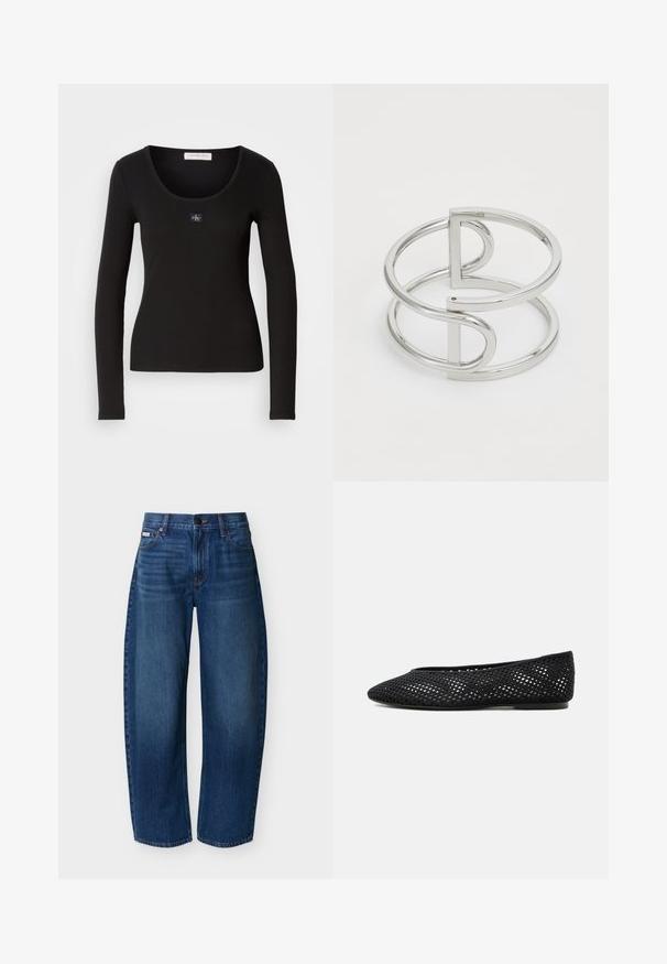 Sort langærmet ribbet top med rund halsudskæring, der har et lille, kvadratisk Calvin Klein-logo som accent på brystet. Blød tekstur.; Mørkeblå jeans med høj talje og lige ben, forlommer, bæltestropper, knaplukning og diskret falming på lårene.; Sort mesh flad sko med lukket tå og lav hæl, med åndbar vævet design og diskret side-logo.; Sølv metal armbånd med en dobbeltloopdesign, der har en glat, blank overflade og en minimalistisk geometrisk accent.