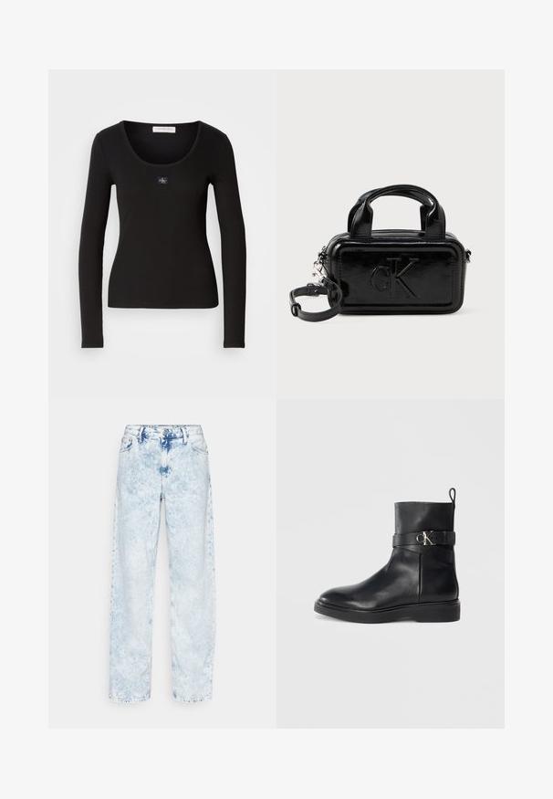 Sort langærmet ribbet top med rund halsudskæring, der har et lille, kvadratisk Calvin Klein-logo som accent på brystet. Blød tekstur.; Calvin Klein Jeans 90'S STRAIGHT - Jeans Straight Leg - denim light; Sort læder ankelstøvle med flad sål, der har en sidelås og detalje med sølvfarvet CK-logo. Glat overflade og strømlinet design.; Sorte patentlæder taske i rektangulær form, med to top-håndtag, aftagelig skulderrem og præget "CK" logo på forsiden.