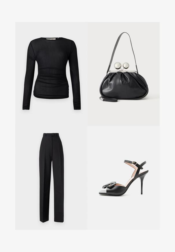 Schwarzes Langarmoberteil aus einem transparenten, dehnbaren Stoff. Mit Raffung an den Seiten und einem Rundhalsausschnitt.; Schwarze, hoch taillierte Hose mit Falten, im maßgeschneiderten Design und geradem Bein. Hergestellt aus einem glatten Stoff, mit minimaler Ausstattung.; Schwarze High-Heel-Sandale mit Knöchelriemen, offenem Zehenbereich und dekorativer Schleife mit goldfarbenem Akzent auf schlichtem Hintergrund.; Schwarze Ledertasche mit gerafftem Design, einem einzelnen Riemen, silbernem Metallrahmen und zwei großen runden silbernen Verschlüssen.