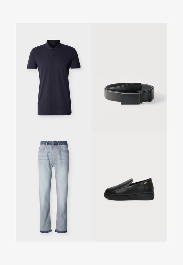 Polo à manches courtes bleu marine avec col, patte de boutonnage à deux boutons, logo discret sur la poitrine gauche et ourlet droit.; Jean denim bleu clair avec une ceinture bleu foncé, coupe droite, cinq poches et détails de couture visibles.; Chaussure noire en cuir à enfiler avec semelle épaisse et petits trous de ventilation latéraux, avec un logo doré "HUGO" près du talon.; Ceinture en cuir noir enroulée avec une boucle noire mate rectangulaire et un logo embossé discret sur fond blanc.