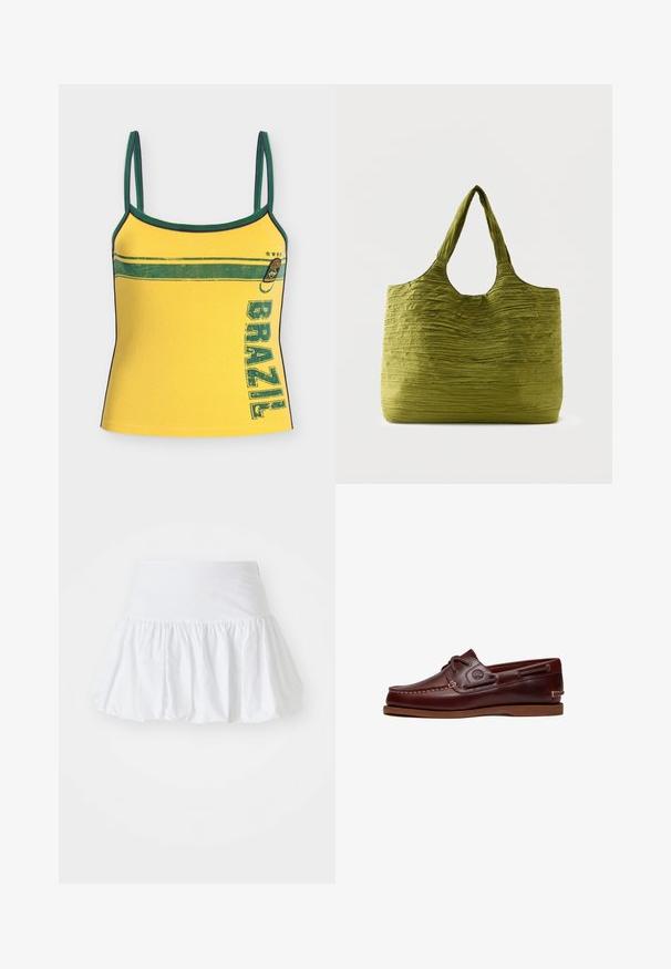 Débardeur jaune avec bordure verte, bande horizontale verte, écusson du Brésil près de la poitrine et texte vertical « BRAZIL » sur le côté droit.; Jupe évasée blanche fabriquée en tissu léger, avec un design froncé et une taille élastique pour le confort. Pas de motifs ni d'accents visibles.; Chaussure bateau en cuir marron avec lacets, détails de couture et logo Timberland sur le côté, présentée sur un fond blanc.; Sac fourre-tout vert avec un tissu texturé et froissé et de larges poignées, présenté sur un fond clair uni.
