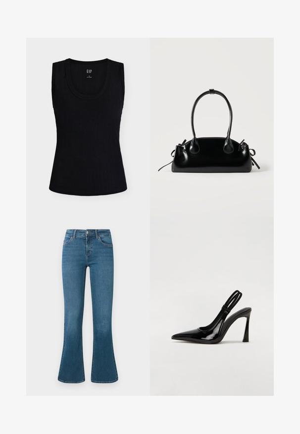 Débardeur noir côtelé sans manches avec encolure ronde, taille small, de GAP, présenté à plat sur fond blanc.; Jean en denim bleu évasé avec une taille mi-haute, design à cinq poches et un subtil détail de couture. Texture lisse avec un lavage classique.; Escarpin en cuir verni noir à talon aiguille, à bout pointu, avec une sangle élastique double pour un maintien sécurisé. Surface lisse et brillante.; Petit sac à main noir brillant avec deux longues anses et des détails à cordon sur les côtés sur un fond clair uni.