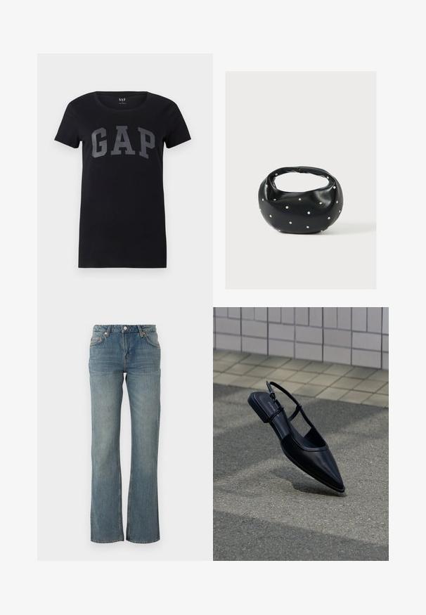 T-shirt noir à manches courtes en coton avec un col rond. Présente un audacieux logo "GAP" gris imprimé sur le devant.; Un jean en denim bleu clair présente une coupe droite, un design à cinq poches et des accents en métal cuivré. Le tissu a une finition légèrement texturée.; Chaussure plate noire à bout pointu avec bride arrière, flottant au-dessus d'une surface en bitume à côté d'un trottoir carrelé.; Sac à main en cuir noir de forme arrondie, décoré de clous argentés et équipé d'une poignée courte. Texture lisse et fermeture éclair.