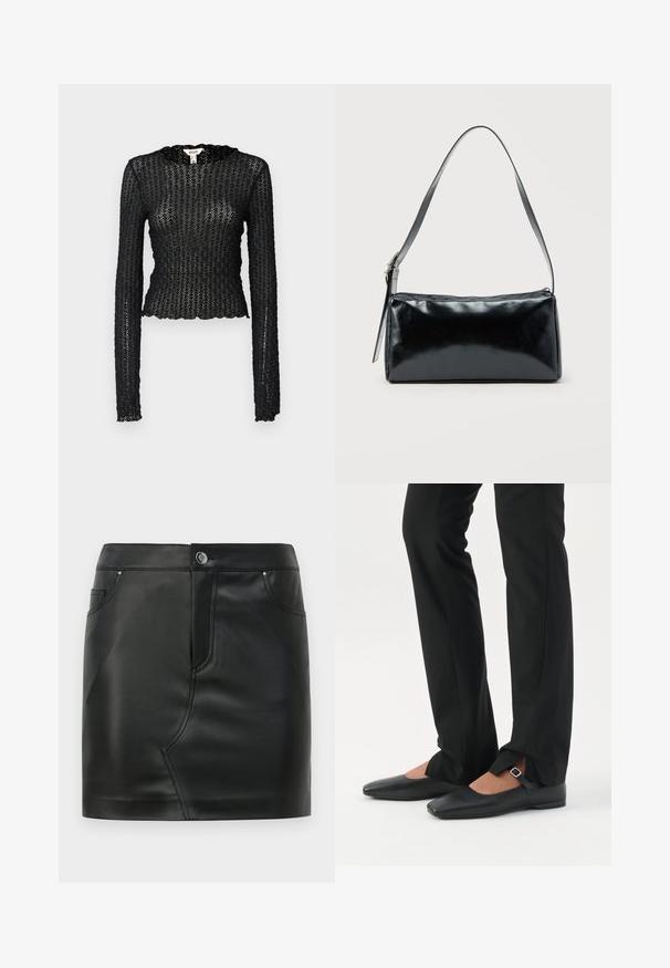 Sort langærmet top lavet af tekstureret blonde, med en bølget udskæring og tætsiddende design med en cropped silhuet.; Sort faux læder mini nederdel med frontknap, lynlås lukning, front- og baglommer samt sømdetaljer.; Ben iført sorte smalle bukser med forreste slidser ved kanten, parret med sorte flade Mary Jane-sko med lille spænde.; Sort rektangulær skuldertaske med en enkelt justerbar rem og lynlås i toppen på en ensfarvet baggrund.