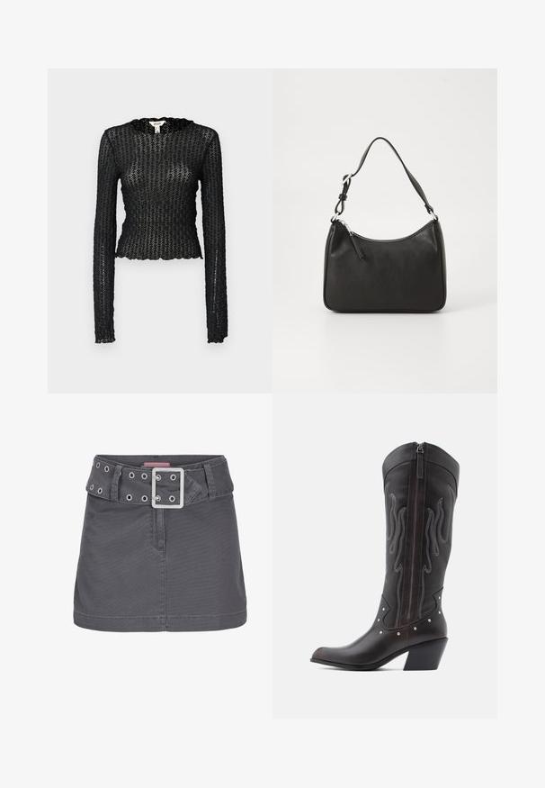 Sort langærmet top lavet af tekstureret blonde, med en bølget udskæring og tætsiddende design med en cropped silhuet.; Grå bomulds mini skirt med et bredt bælte, der har sølv-lufthuller og en firkantet metalspænde, designet med en ren, lige silhuet.; Brune læder cowboystøvler med flammebroderi, sidelukning med lynlås, sølvnitter, spids snude og lagdelt hæl.; Sort læderhåndtaske med en buet form, en enkelt rem, lynlås lukning og diskret branding på forsiden. Glat tekstur, minimalistisk design.