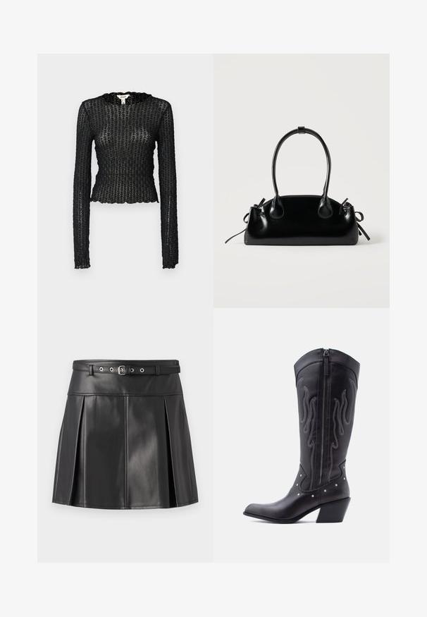 Top negro de manga larga hecho de encaje texturizado, con un escote con punta y un diseño ajustado con un corte cropped.; Falda plisada negra de cuero sintético, con una cinturilla ajustada que incluye un cinturón y detalles en plata. Textura suave.; Botas vaqueras de cuero negro con puntera puntiaguda, costuras visibles, detalles de tachuelas plateadas y cierre de cremallera en el lado interior.; Pequeño bolso negro brillante con dos asas largas y detalles de cordón lateral sobre un fondo claro liso.
