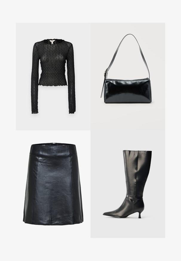 Sort langærmet top lavet af tekstureret blonde, med en bølget udskæring og tætsiddende design med en cropped silhuet.; Sort læder A-line nederdel med synlige sømme og en let glans, med høj talje og kort kant.; Sort knæhøj læderstøvle med spids tå og lav kittenhæl, vist på en enkel lys baggrund.; Sort rektangulær skuldertaske med en enkelt justerbar rem og lynlås i toppen på en ensfarvet baggrund.