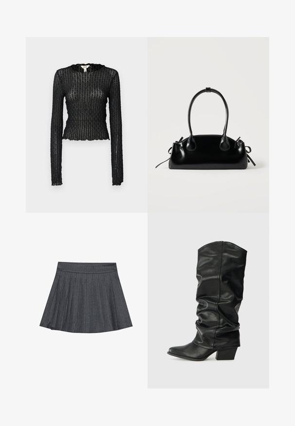Sort langærmet top lavet af tekstureret blonde, med en bølget udskæring og tætsiddende design med en cropped silhuet.; Grå stribede skater nederdel med en tætsiddende talje, udformet i A-linje og en blød stofstruktur. Lodrette linjer øger den visuelle interesse.; Sorte læderknæhøje støvler med et skrånet design, spids tå og chunky hæl, der har en glat overflade og minimal syning.; Lille sort blank håndtaske med to lange håndtag og snøre-detaljer i siden på en ensfarvet lys baggrund.