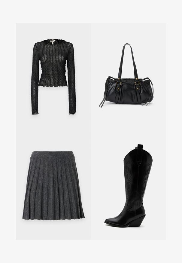 Zwarte langärmelige top van gestructureerde kant, met een geschulpte halslijn en een aansluitend ontwerp met een cropped silhouet.; Vero Moda Knitted VMMARINA Short - Minirok - dark grey; Zwarte leren cowboylaars met puntige neus, schuine blokhak, decoratieve stiksels en aantreklusjes bovenaan tegen een witte achtergrond.; Zwarte leren handtas met een afgeronde vorm, dubbele handvatten, decoratieve hardware accenten en details met zijstrikken. Smooth, glanzende textuur.