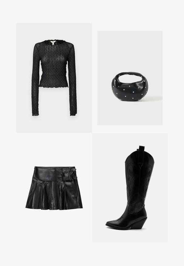 Sort langærmet top lavet af tekstureret blonde, med en bølget udskæring og tætsiddende design med en cropped silhuet.; Sort læderskirt med pliser, bred talje og to spænde-accenter på siden. Glat tekstur med en blank finish.; Sort læder cowboystøvle med spidst tåparti, skråt blokhælhæl, dekorative sømme og trækstropper øverst mod hvid baggrund.; Sort læderhåndtaske med en rundet form, dekoreret med sølvnitter, og et kort håndtag. Glat tekstur og lynlåslukning.