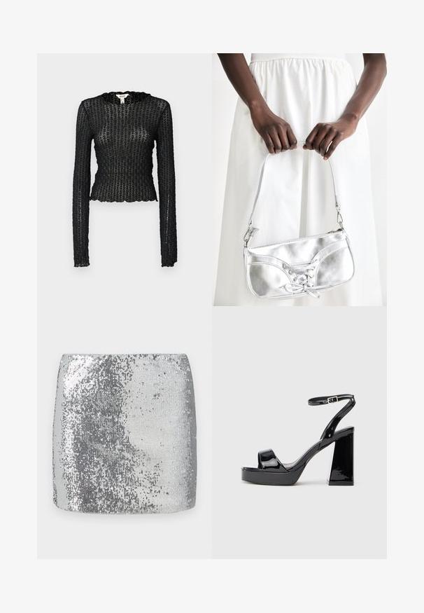 Top negro de manga larga hecho de encaje texturizado, con un escote con punta y un diseño ajustado con un corte cropped.; Mini falda plateada con lentejuelas que presenta un diseño ajustado y una textura suave, reflejando la luz en su superficie para una apariencia brillante.; Sandalia de plataforma de charol negro con tacón alto grueso y hebilla en el tobillo sobre fondo blanco.; Bolso metálico plateado con detalle de cordones, que presenta un diseño elegante y una correa corta. El bolso está sostenido con las manos, mostrando su textura.