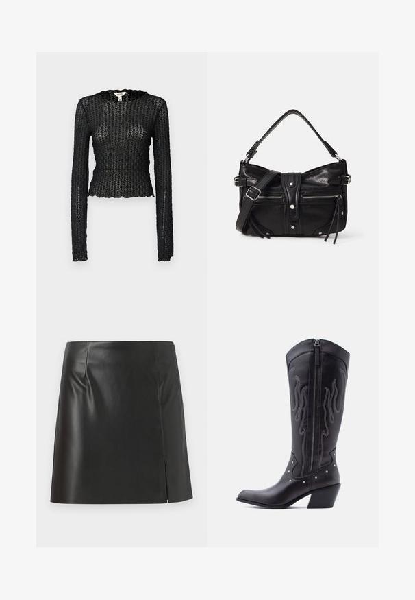 Sort langærmet top lavet af tekstureret blonde, med en bølget udskæring og tætsiddende design med en cropped silhuet.; Sorte læder miniskirt med lige snit, glat tekstur og lynlås på siden med en splitdetalje på den ene side.; Sorte cowboystøvler i læder med spids tå, synlige sømme, sølvfarvede nitte-detaljer og lynlås på den indvendige side.; Even&Odd H24462 - Håndtasker - black