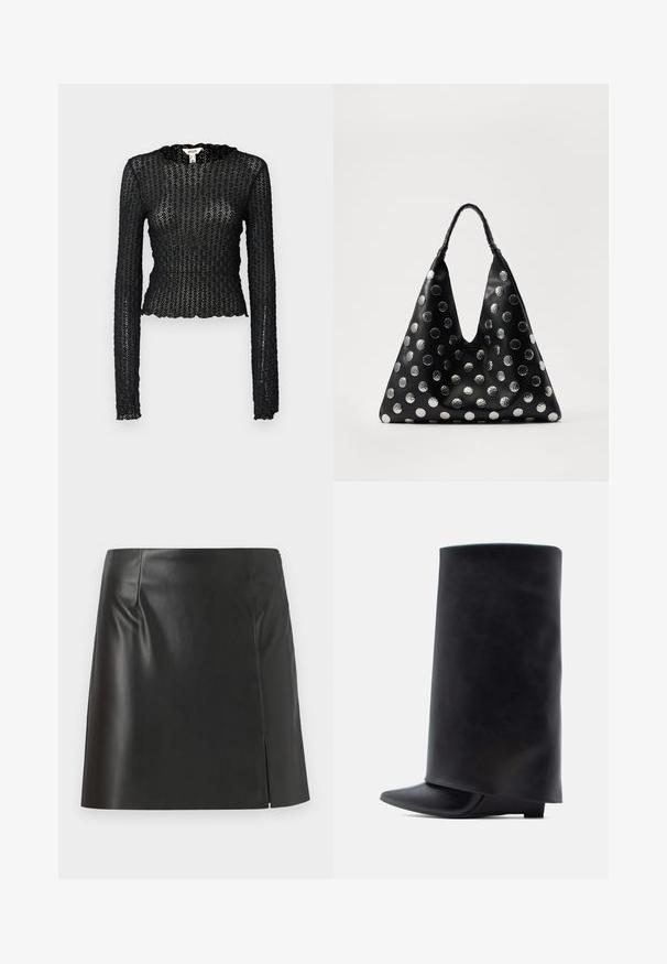 Top negro de manga larga hecho de encaje texturizado, con un escote con punta y un diseño ajustado con un corte cropped.; Falda mini de cuero negra con corte recto, textura suave y cierre lateral con detalle de abertura en un lado.; Botines de cuero negro con un alto caña cilíndrica, punta puntiaguda y tacón bajo y plano, con una textura suave y diseño minimalista.; Bolso de cuero negro con forma triangular, adornado con puntos metálicos plateados y un asa texturizada. Acabado suave en general.