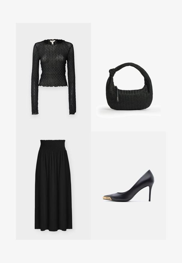 Top negro de manga larga hecho de encaje texturizado, con un escote con punta y un diseño ajustado con un corte cropped.; Falda maxi negra con cintura elástica fruncida ancha y tela fluida debajo de la cintura.; Zapato de tacón alto de cuero negro con punta puntiaguda, punta metálica dorada grabada con "Versace Jeans Couture", mostrado de lado sobre fondo blanco.; Bolso de tela negra tejida con un asa corta anudada en un extremo y un pequeño tirador de cremallera en el lateral.