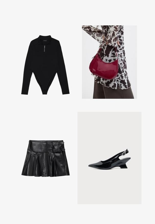 Bodysuit noir à manches longues avec un col haut, une demi-fermeture éclair et une coupe moulante avec un dos en thong. Texture de tissu lisse.; Jupe en cuir noir avec des plis, taille large et deux accents à boucle sur le côté. Texture lisse avec une finition brillante.; Chaussure slingback en cuir verni noir avec bout pointu et petit talon bloc incliné sur fond clair uni.; Femme portant un chemisier à motif noir et blanc tenant un sac à main rouge brillant sur un fond uni.