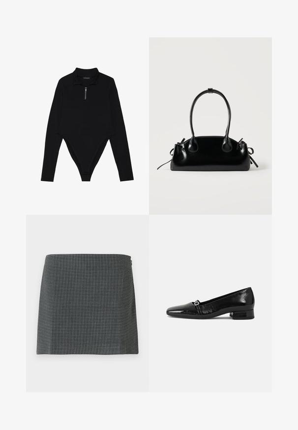 Bodysuit noir à manches longues avec un col haut, une demi-fermeture éclair et une coupe moulante avec un dos en thong. Texture de tissu lisse.; Jupe en damier noir et blanc en tissu à la texture lisse. Présente une silhouette droite et une fermeture éclair sur le côté.; Ballet flats en cuir verni noir avec un bout pointu, un petit talon carré et un détail de boucle métallique sur la sangle. Texture lisse.; Petit sac à main noir brillant avec deux longues anses et des détails à cordon sur les côtés sur un fond clair uni.
