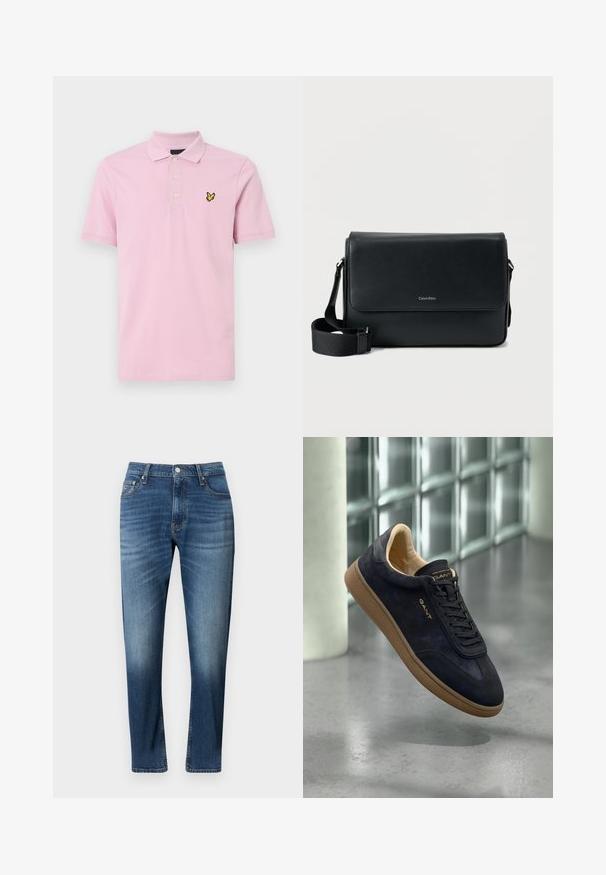 Lyserød polo t-shirt lavet af bomuld, med en klassisk krave, tre knapper og et gult broderet logo på venstre bryst.; Blå denimjeans med lige ben, prydet med faldne detaljer, fem-lommes design og knaplukning.; Marineblå ruskindsneaker med tanfarvet gummisål, med rund tå, flade snørebånd og præget logo på tungen. Minimalistisk design.; Sort læder messenger taske med tekstureret finish, justerbar rem og en frontklap med et diskret logo. Kompakt og rektangulær form.