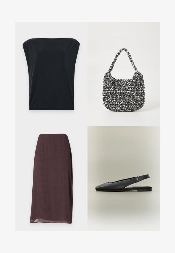 Sort kortærmet top med en afslappet pasform, der har blød og glat stof samt en bred rund halsudskæring. Enkel, minimalistisk design.; Mørkebrune, knælange nederdel lavet af letvægts, krøllet stof. Har en lige pasform med en subtil glans og ingen synlig hardware.; Sort læder slingback flad sko med spids tå og guldt logo accent på remmen, vist på en neutral baggrund.; Vævet håndtaske i sort og hvid med en rund form, tekstureret overflade og et fletet håndtag. Velegnet til afslappet brug.