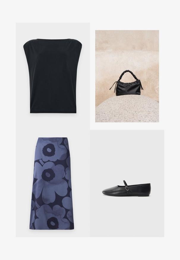 Camiseta negra de manga corta con corte relajado, que presenta una tela suave y lisa y un escote redondo amplio. Diseño simple y minimalista.; Falda midi con estampado floral que presenta grandes flores azul oscuro sobre un fondo azul más claro; la tela parece suave con una textura ligeramente brillante.; Bailarinas de cuero negro con punta afilada, suela plana y una pequeña correa con detalle de hebilla plateada.; Bolso negro fruncido con asa recogida, apoyado sobre una esfera de piedra texturizada frente a una pared de hormigón beige.