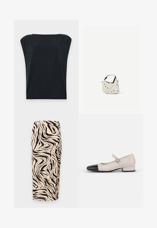 Camiseta negra de manga corta con corte relajado, que presenta una tela suave y lisa y un escote redondo amplio. Diseño simple y minimalista.; Falda beige hasta la rodilla con un patrón de cebra negro. Presenta detalles fruncidos en los lados y una tela texturizada.; Zapato estilo Mary Jane en cuero crema con puntera de charol negro. Presenta una punta redonda, tirante en el tobillo con una hebilla cuadrada y un tacón bajo y cuadrado.; Pequeño bolso blanco con manchas marrones, forma triangular redondeada, forro interior negro y correa corta ajustable con hebilla plateada.