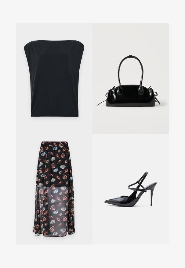 Camiseta negra de manga corta con corte relajado, que presenta una tela suave y lisa y un escote redondo amplio. Diseño simple y minimalista.; Falda maxi negra y semitranslúcida con cintura elástica, que presenta un estampado de conchas y mariposas multicolores. Tejido ligero y fluido.; Zapato de tacón alto de charol negro con punta puntiaguda, con dos finas correas ajustables en el tobillo y tacón de aguja, mostrado de lado.; Pequeño bolso negro brillante con dos asas largas y detalles de cordón lateral sobre un fondo claro liso.