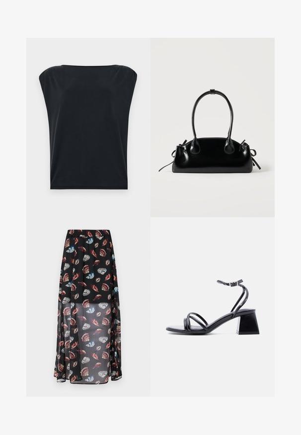 Camiseta negra de manga corta con corte relajado, que presenta una tela suave y lisa y un escote redondo amplio. Diseño simple y minimalista.; Falda maxi negra y semitranslúcida con cintura elástica, que presenta un estampado de conchas y mariposas multicolores. Tejido ligero y fluido.; Sandalia negra con tiras, abierta en la punta, con hebilla en el tobillo y tacón cuadrado, vista lateral sobre un fondo claro y liso.; Pequeño bolso negro brillante con dos asas largas y detalles de cordón lateral sobre un fondo claro liso.