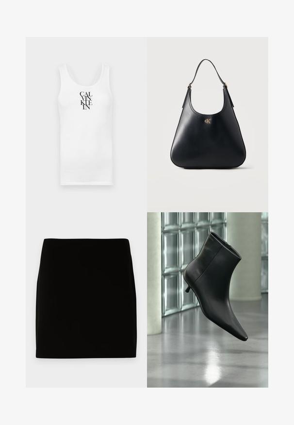 Débardeur blanc à col rond, en coton. Présente un texte vertical noir "CALVINKLEIN" dans une police serif en gras.; Jupe mini noire en tissu lisse, présentant un design simple sans coutures ni ornements visibles. Lignes épurées et coupe droite.; Bottine en cuir noir à bout pointu et petit talon kitten, présentée en angle devant un sol poli et un mur en blocs de verre.; Sac à main en cuir noir avec une seule bandoulière et un logo "cK" doré centré près du haut, présenté sur un fond clair uni.