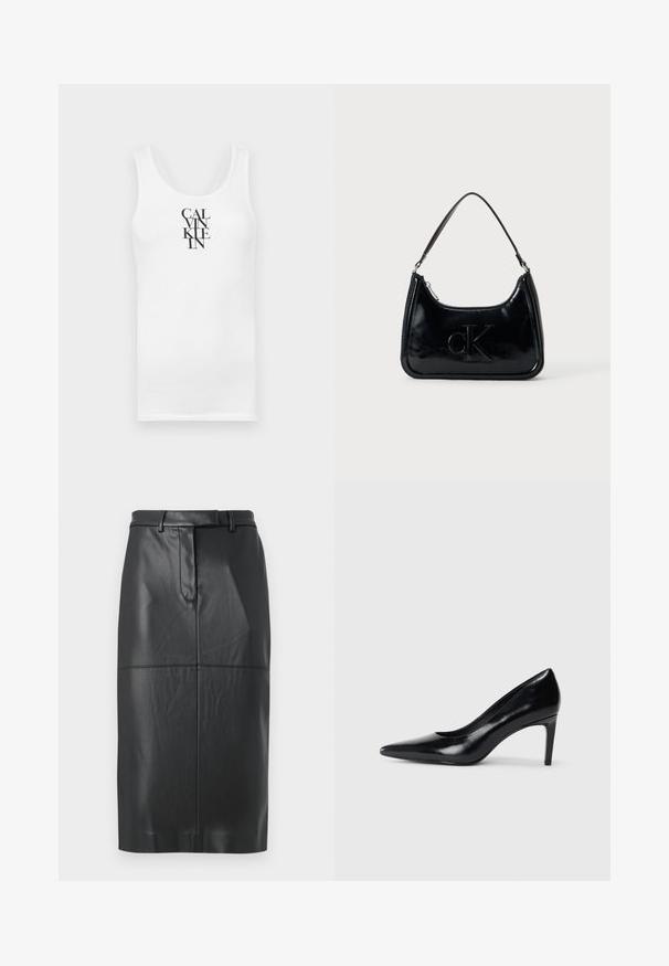 Hvid tanktop med rund udskæring, lavet af bomuld. Har vertikal sort tekst "CALVINKLEIN" i en fed serif skrifttype.; Sort faux læder blyantskirt med bælteløkker, frontsømm, og skjult lukning, knælang med en glat overflade.; Sort læder højhælede sko med spids tå, glat tekstur og en taperet hæl. Minimalistisk design uden yderligere udsmykninger.; Sort patentlæder håndtaske med et buet topgreb, lynlåsslukning og prægede "cK" logo på fronten. Glat tekstur, struktureret form.