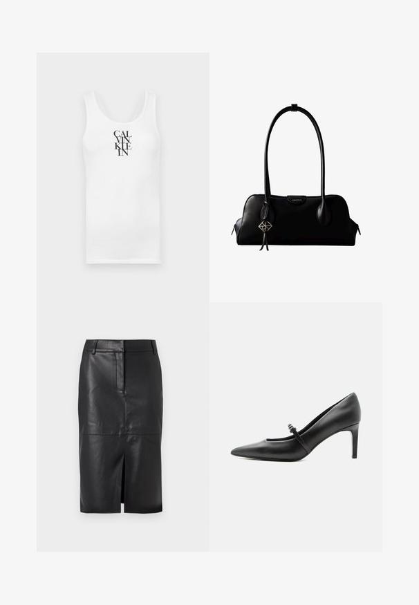 Hvid tanktop med rund udskæring, lavet af bomuld. Har vertikal sort tekst "CALVINKLEIN" i en fed serif skrifttype.; Sort læder blyantskørter med en forslidser, der har en glat tekstur, to sidelommer og en tætsiddende silhuet.; Sort læderspids højhælede sko med tynd rem og spænde over vristen, stående på en neutral lys baggrund.; Sort lædertaske fra Calvin Klein med lange håndtag, en forside-logo-tag og en sølv geometrisk vedhæng, der hænger fra det ene håndtag.