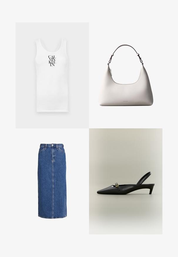 Hvid tanktop med rund udskæring, lavet af bomuld. Har vertikal sort tekst "CALVINKLEIN" i en fed serif skrifttype.; Denim midi nederdel i mellemblå med lige snit, forkant knaplukning, to sidelommer og synlige sømme for struktur.; Sort læder slingback med kitten heel, spids tå og lille guldfarvet spænde på en ensfarvet baggrund.; Cremefarvet skuldertaske i læder fra Calvin Klein med buet topkant, sølvfarvet lynlås og mørkebrun justerbar rem.