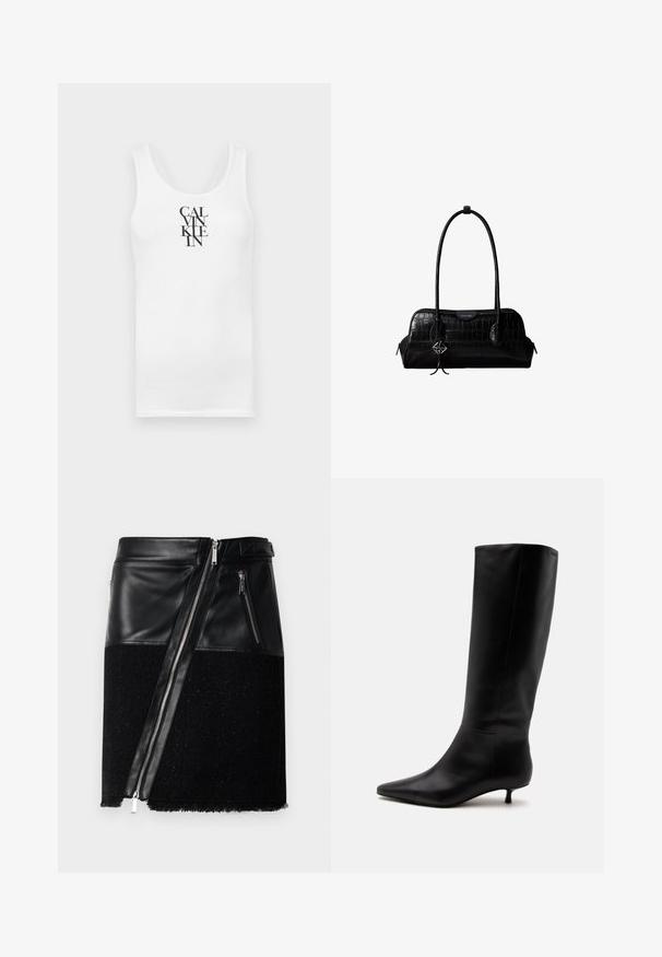 Hvid tanktop med rund udskæring, lavet af bomuld. Har vertikal sort tekst "CALVINKLEIN" i en fed serif skrifttype.; Sort nederdel der kombinerer læder og struktureret stof. Har en diagonal lynlås, to sidelommer med lynlås og en frynset kant forneden.; Sort læder knæhøj støvle med spids snude og lav kittenhæl mod en ensfarvet lys baggrund.; Sort skuldertaske i krokodillelæder med lange stropper og lille sølvlogo-charm på den ene strop.