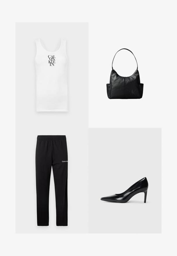 Hvid tanktop med rund udskæring, lavet af bomuld. Har vertikal sort tekst "CALVINKLEIN" i en fed serif skrifttype.; Sorte Calvin Klein sweatpants med elastisk talje og hvidt logo på øverste venstre lår, vist mod en hvid baggrund.; Sort læder højhælede sko med spids tå, glat tekstur og en taperet hæl. Minimalistisk design uden yderligere udsmykninger.; Sort læder skuldertaske med en enkelt rem, sidelommer og et diskret prægede Calvin Klein-logo på forsiden nederst til højre.