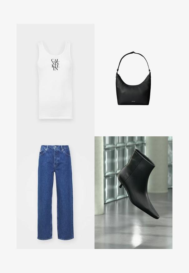 Hvid tanktop med rund udskæring, lavet af bomuld. Har vertikal sort tekst "CALVINKLEIN" i en fed serif skrifttype.; Blå denim bred-benede jeans med høj talje, med lynlås og knaplukning, bæltestropper og subtilt falmet detaljer på stoffet.; Sort læderankelstøvle med spids tå og lav kitten-hæ, vist vinklet mod en poleret gulv- og glasblokvæg.; Sort tekstureret læder skuldertaske med en enkelt rem og et lille Calvin Klein-logo foran i midten.