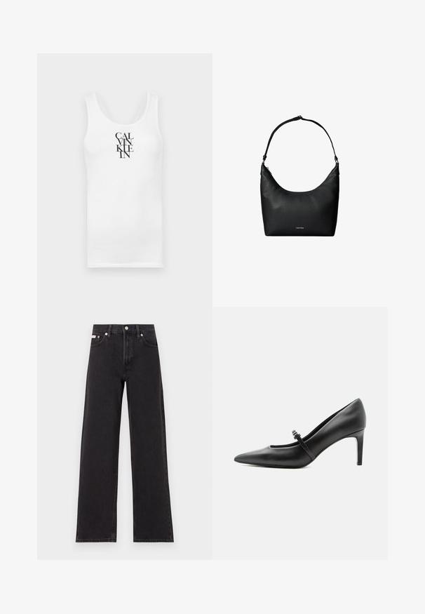 Hvid tanktop med rund udskæring, lavet af bomuld. Har vertikal sort tekst "CALVINKLEIN" i en fed serif skrifttype.; Sorte vidde jeans lavet af denim, med høj talje, fem-lomme stil og en metalknap lukning med kontrasterende syninger.; Sort læderspids højhælede sko med tynd rem og spænde over vristen, stående på en neutral lys baggrund.; Sort tekstureret læder skuldertaske med en enkelt rem og et lille Calvin Klein-logo foran i midten.